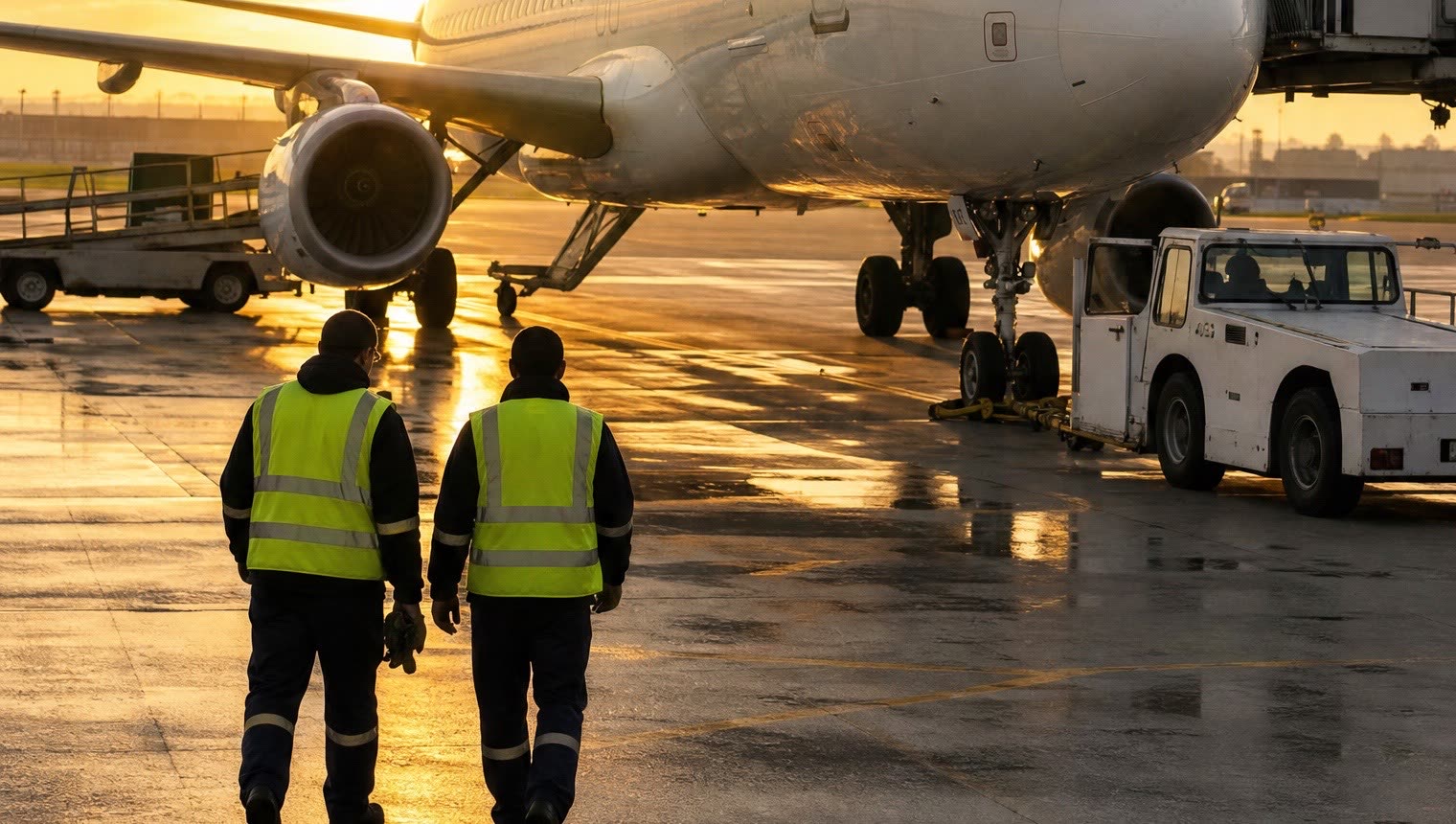 Pozemní personál na ploše letiště Schiphol při západu slunce